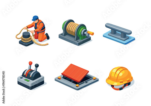 Ship operations. Isometric flat vector icons set of ship operations: sailor handling ropes, winch mechanism, deck cleat, control lever console, cargo hatch