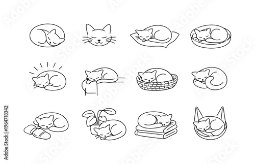 Peaceful Sleeping Cats. Minimalistic set one-line drawing cat curled in donut shape, cat with closed eyes and whiskers, cat on soft pillow, cat in round pet