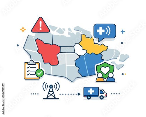 Public health alert system shown as a map with emphasized regions and notification symbols, communicating readiness, coordination and