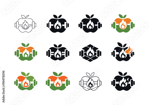 Personalized fitness nutrition plans. Icon set. Set Logo of Personalized fitness nutrition plans: calorie tracking symbol. harmonious logo variations of the