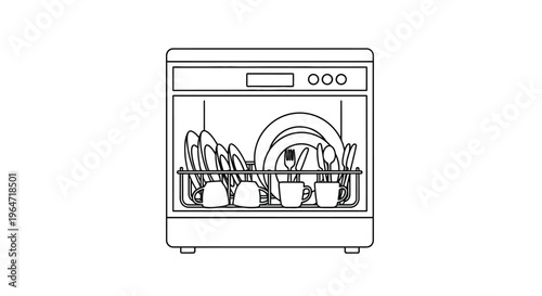 Linear drawing of a full dishwasher with plates and cutlery silhouette