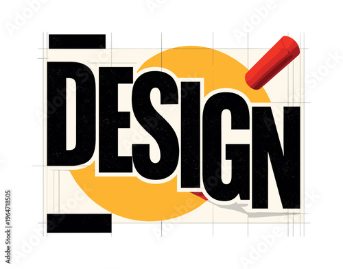 Black and white oversized sans-serif word cropped dramatically by the frame, retro ink texture across letters, large yellow circle partially hidden behind