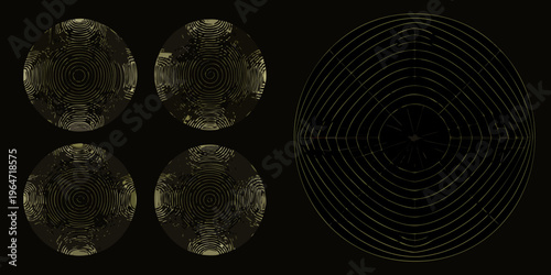 Abstract geometric shapes with concentric circles on a dark background