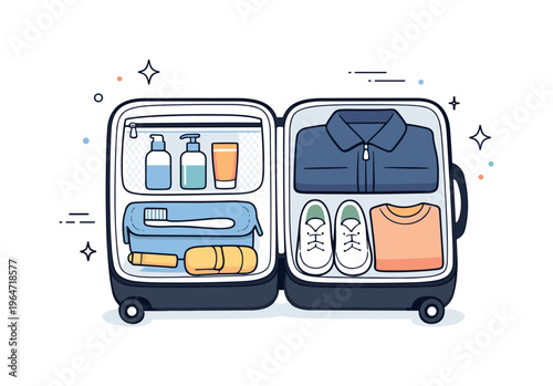 Carry-on suitcase. An open carry-on with visible travel items like shoes, toiletries, and a folded jacket placed neatly inside. The scene feels practical,