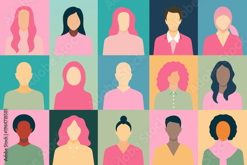 Diverse group of faceless women illustrated in varying pink and neutral tones