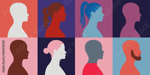 Diverse profiles in silhouette against vibrant solid color backgrounds
