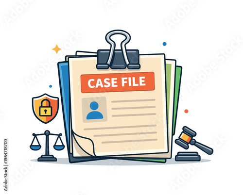 Case file organization shown as layered documents secured with a clip and subtle legal symbols, conveying confidentiality, diligence and structured support
