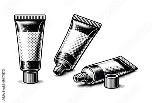 Toothpaste tube ? travel-size toothpaste tube with short compact body rounded shoulders and small screw cap represented as a single object. Black and white dot