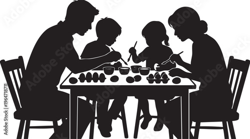 Silhouette of a family decorating Easter eggs together, celebrating holiday traditions and enjoying creative bonding time