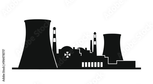 Black silhouette of a nuclear power plant against a white background