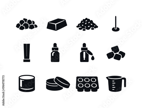 Candle Materials. Solid icon set of Candle Materials: soy wax, beeswax block, paraffin wax, cotton wick, wooden wick, fragrance oil bottle, essential oil