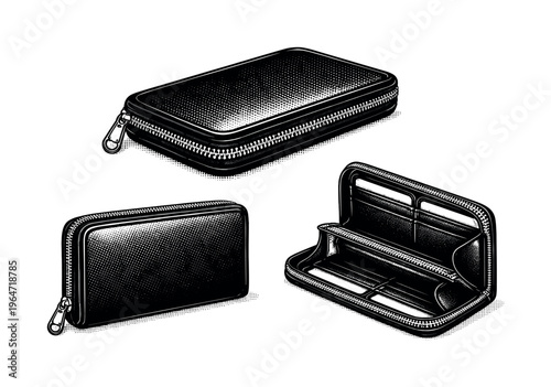 Wallet ? zip-around wallet. A realistic zip-around wallet depicted as one consistent object in three views, highlighting zipper track, closed shape, and