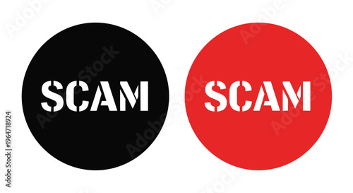 Two circular signs displaying scam in contrasting colors silhouette