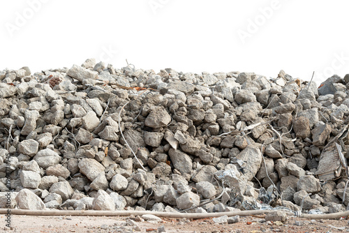 Quadro em tela Broken rubble and concrete wall pile isolated