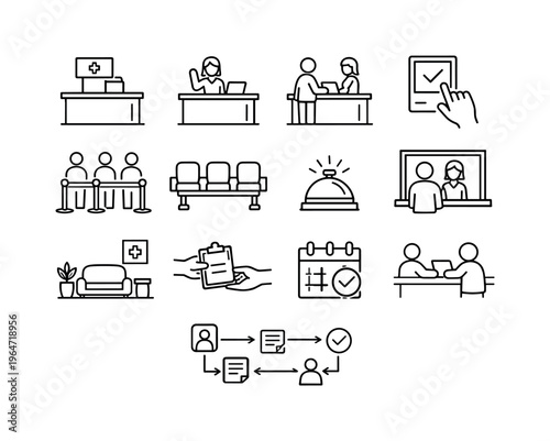 Clinic Reception. Line icon set of Clinic Reception: clinic front desk, receptionist greeting, patient standing at counter, appointment check in, queue line,