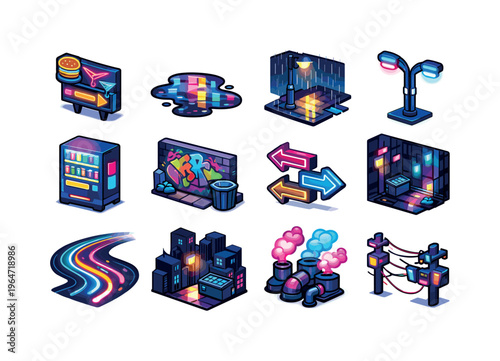 Neon Night Streets. Colorful isometric vector icons set of Neon Night Streets: glowing street signs, puddle reflections, night rain, cyber street lamps,