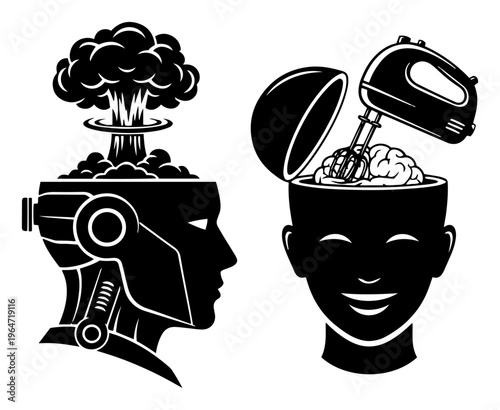 Robot head with mushroom cloud explosion and human face with electric mixer blending brain in minimalist black and white vector style