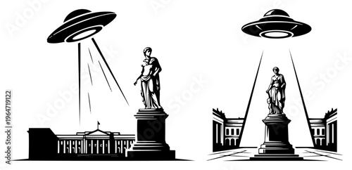 Alien flying saucer abduction of classical marble statue in front of government architecture in black and white vector style