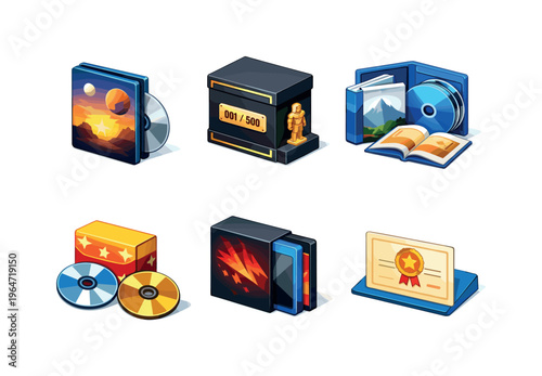 Collector editions. Isometric flat vector icons set of collector editions: steelbook movie case, numbered collector box set, deluxe Blu-ray package, special