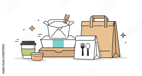 Takeout packaging. Neatly arranged takeaway boxes and paper bags on a clean surface. Organized composition emphasizing simplicity and ready-to-eat meals.