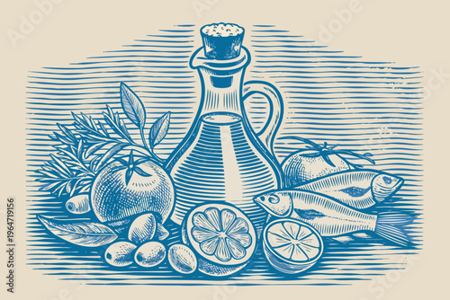 A vintage style still life featuring oil herbs citrus and fish