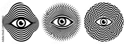 Human eye surrounded by hypnotic wavy lines and psychedelic optical illusion patterns in minimal vector style