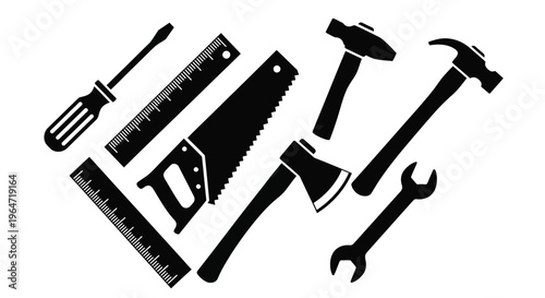 Collection of black tool silhouettes arranged diagonally against a white background
