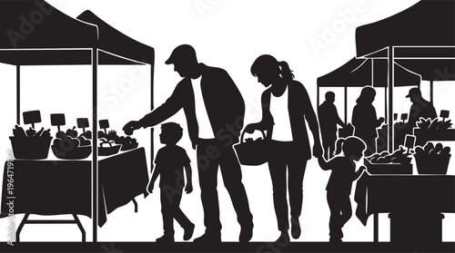 Family silhouette explores an outdoor market, embracing local produce and community spirit together