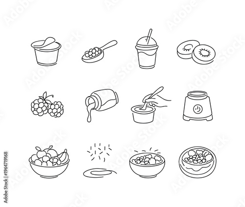 Fruit and Yogurt Breakfast Set. Minimalistic set one-line drawing yogurt cup, granola scoop, smoothie cup with straw, sliced kiwi, mango cubes, raspberry