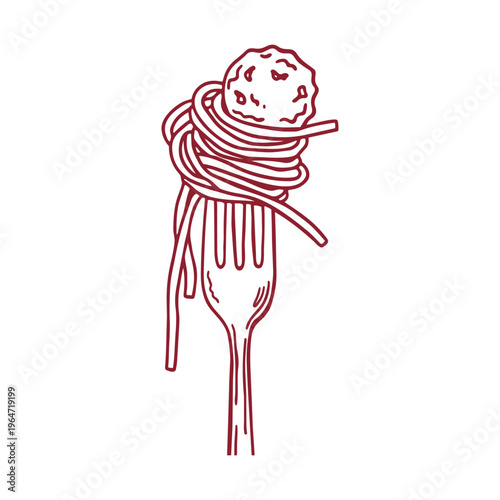 A hand-drawn vector illustration of spaghetti wrapped around a fork with a meatball on top. The design represents an Italian classic, perfect for food-related menus, restaurant décor, or casual dining