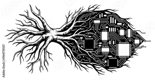 Brain shaped circuit board with organic roots and electronic microchips fusion concept