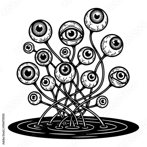 Eyeballs growing on long plant stalks from a liquid pool in surreal monster engraving style