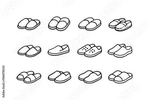 Indoor Shoes. Line icon set of Indoor Shoes: house shoes, anti slip slippers, soft sole shoes, quiet step shoes, daily indoor shoes, minimalist home shoes,