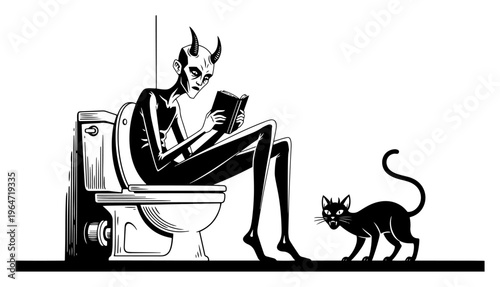 Horned demon sitting on toilet reading book with black cat in minimalist vector style