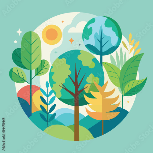 Colorful illustration of trees and plants around the earth planet  environment concept