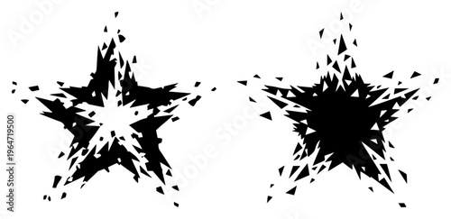 Shattered star shapes with exploding fragments and geometric shards in black and white graphic style