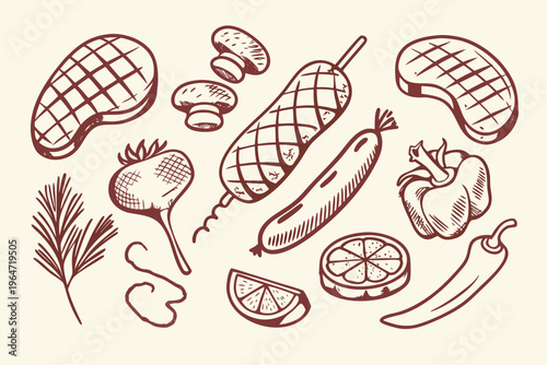 A hand drawn illustration of grilled meat vegetables and mushrooms