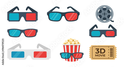 Colorful 3d glasses popcorn and film reel display a cinema theme silhouette