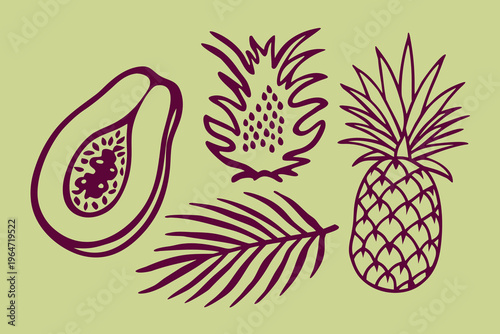 Stylized illustration of a papaya pineapple palm leaf and tropical fruit