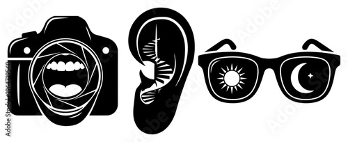 Surreal sensory icons featuring camera mouth ear staircase and celestial glasses