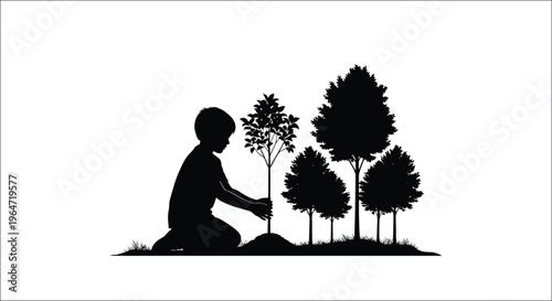 A boy tending to young trees in a striking black silhouette