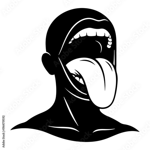 Human head with wide open mouth and protruding tongue in minimalist black and white style