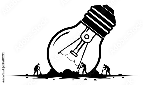 Giant light bulb buried in ground being dug up by people as metaphor for discovery black and white style