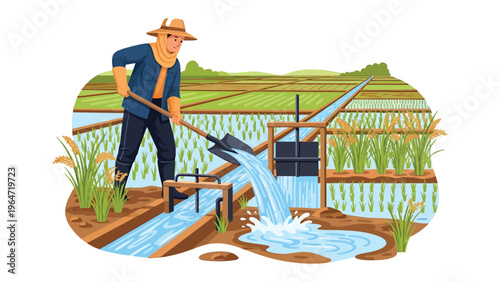 Water Irrigation: A diligent worker manages the water flow in the rice field, ensuring the healthy growth of the crops, with a blue sky background