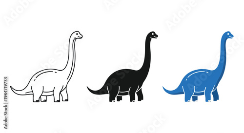 Three colored and outlined brontosaurus dinosaur silhouettes standing in a row on a white background with a simple graphic design.