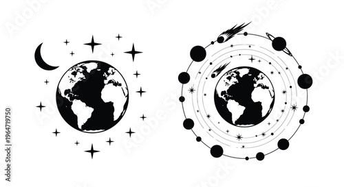 Planetary system illustration with earth moon and orbits silhouette