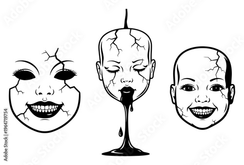 Cracked doll heads with scary expressions in vintage horror woodcut style