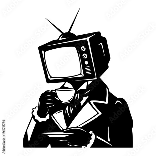 Suit wearing man with vintage television head drinking coffee in surreal black and white style
