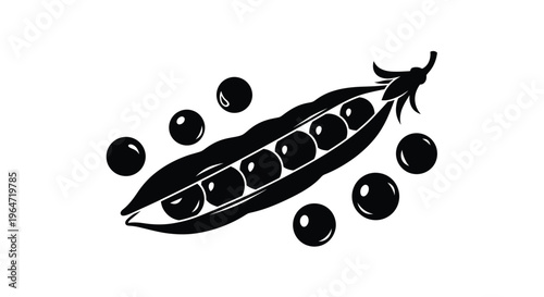 Opened pea pod with circular peas a striking black silhouette