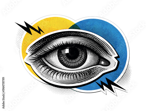Highly detailed black and white vintage eye engraving cropped closely for intensity, overlapping yellow and blue geometric circles forming a halo effect,